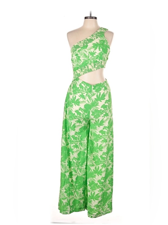 vestique Pants - vestique Green Tropical One-Shoulder Cutout Jumpsuit